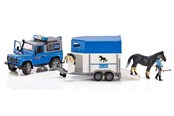 Leketøysbil - Bruder Land Rover Defender Police vehicle with horse trailer horse and policeman - 02588