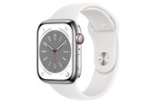 Smartklokke, Smartwatch & Sportsklokke - Apple Watch Series 8 GPS + Cellular 45mm Silver Stainless Steel Case with White Sport Band - MNKE3DH/A