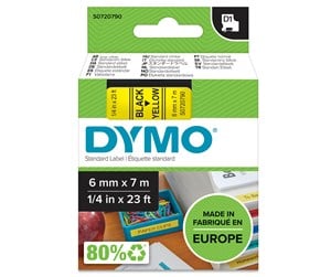 Papir, Fotopapir & Etiketter - DYMO D1 tape, 6mm x 7m rull, sort på gul - 43618