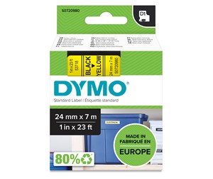 Papir, Fotopapir & Etiketter - DYMO D1 tape, 24mm x 7m rull, sort på gul - 53718