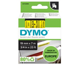 Papir, Fotopapir & Etiketter - DYMO D1 tape, 19mm x 7m rull, sort på gul - 45808