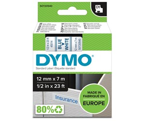 Papir, Fotopapir & Etiketter - DYMO D1 tape, 12mm x 7m rull, blå på hvit - S0720540