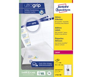 Papir, Fotopapir & Etiketter - Avery Etiketter med QuickPeel™ & Ultragrip , Presise utskrifter, lett å ta av og sette på, 99,1 x 38,1 mm, Laser - L7163-100