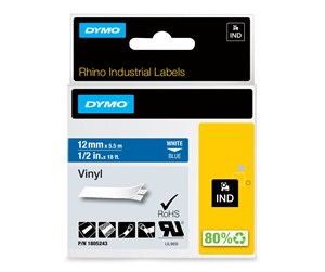 Papir, Fotopapir & Etiketter - DYMO Rhino industri vinyl tape,12 mm x 5.5 m rull, hvit på blå - 1805243