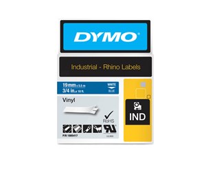 Papir, Fotopapir & Etiketter - DYMO Rhino industri vinyl tape,19 mm x 5.5 m rull, hvit på blå - 1805417