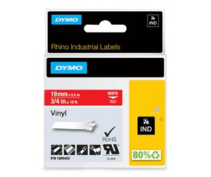 Papir, Fotopapir & Etiketter - DYMO Rhino industri vinyl tape,19 mm x 5.5 m rull, hvit på rød - 1805422