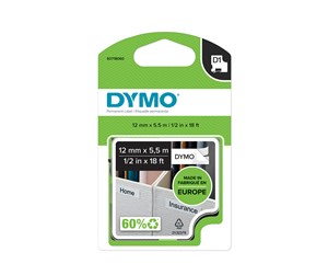 Papir, Fotopapir & Etiketter - DYMO D1 tape Permanent Polyester, 12mm x 5.5m rull, sort på hvit - S0718060