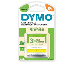 Papir, Fotopapir & Etiketter - DYMO Dymo Letratag tape, 12mm x 4m (3 ruller), sort skrift på gul/sølv/hvit, papir/metallic/plast - S0721800