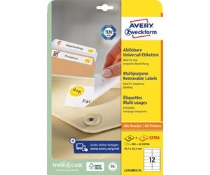 Papir, Fotopapir & Etiketter - Avery Avtagbare flerbruksetiketter , Til alle skrivere, 99,1 x 42,3 mm, Hvit - L4743REV-25