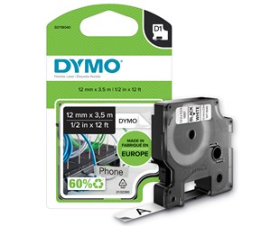 Papir, Fotopapir & Etiketter - DYMO D1 tape Flexibel Nylon, 12mm x 3,5m rull, sort på hvit - S0718040