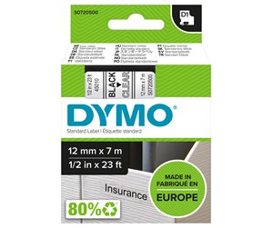 Papir, Fotopapir & Etiketter - DYMO D1 tape, 12mm x 7m rull, sort på klar - S0720500