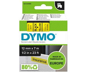 Papir, Fotopapir & Etiketter - DYMO D1 tape, 12mm x 7m rull, sort på gul - S0720580