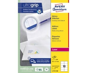 Papir, Fotopapir & Etiketter - Avery Etiketter med QuickPeel™ & Ultragrip , Presise utskrifter, lett å ta av og sette på, 99,1 x 57 mm, Laser - L7173-100