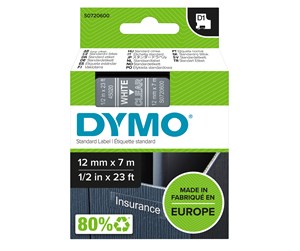 Papir, Fotopapir & Etiketter - DYMO D1 tape, 12mm x 7m rull, hvit på klar - S0720600