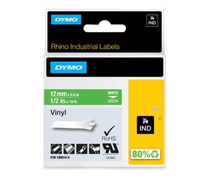 Papir, Fotopapir & Etiketter - DYMO Rhino industri vinyl tape,12 mm x 5.5 m rull, hvit på grønn - 1805414