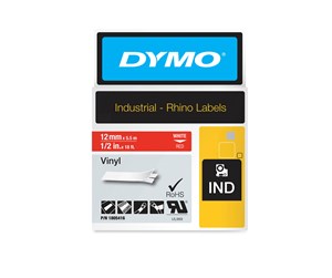 Papir, Fotopapir & Etiketter - DYMO Rhino industri vinyl tape,12 mm x 5.5 m rull, hvit på rød - 1805416