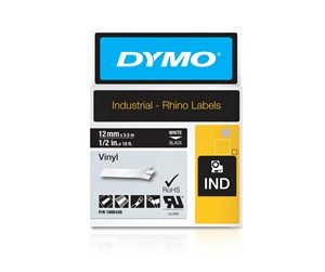 Papir, Fotopapir & Etiketter - DYMO Rhino industri vinyl tape,12 mm x 5.5 m rull, hvit på sort - 1805435