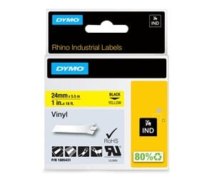 Papir, Fotopapir & Etiketter - DYMO Rhino industri vinyl tape, 24 mm x 5.5 m rull, sort på gul - 1805431