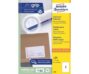 Papir, Fotopapir & Etiketter - Avery Universaletiketter, 210 x 297 mm, 100 Etiketter, Hvit - 3478