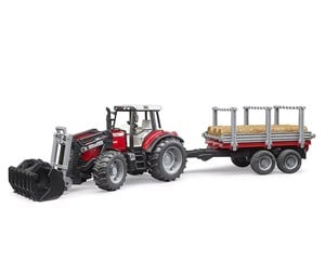 Leketøysbil - Bruder Massey Ferguson 7480 with frontloader and timber trailer - 02046