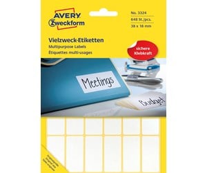 Papir, Fotopapir & Etiketter - Avery Universaletiketter, 38 x 18 mm, 648 Etiketter, Hvit - 3324