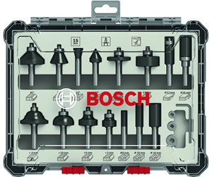 Freser - Bosch Sett med fresejern, 15 deler, blandet, 1/4" skaft 15-piece Mixed Application Router Bit Set. - 2607017473