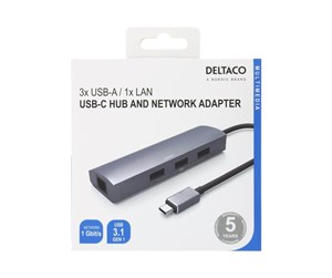 USB-hub - Deltaco USB-C Hub and Network Adapter USB-C ha R USB-hub - 3 porter - Grå - USBC-1294