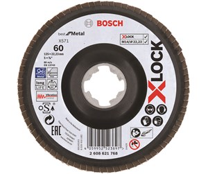 Vinkelsliper - Bosch X-LOCK-lamellslipeskiver, vinklet modell, plastplate, Ø125 mm, G 60, X571, Best for Metal, 1 stk. D= 125 mm, G= 60, vinklet - 2608621768