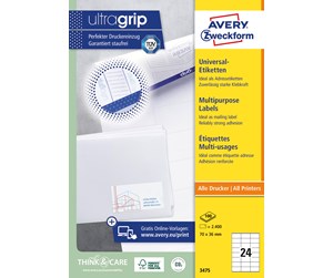 Papir, Fotopapir & Etiketter - Avery Universaletiketter, 70 x 36 mm, 2.400 Etiketter, Hvit - 3475