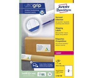 Papir, Fotopapir & Etiketter - Avery Pakkeetiketter med QuickPeel™ & Ultragrip , Til pakker, kasser og rør, 199,6 x 143,5 mm, Laser - L7168