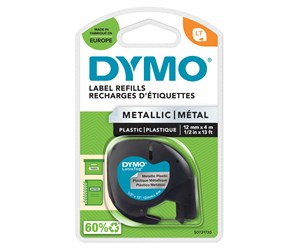 Papir, Fotopapir & Etiketter - DYMO Letratag plasttape, sort på metallic sølv, 12mm x 4m rull - S0721730