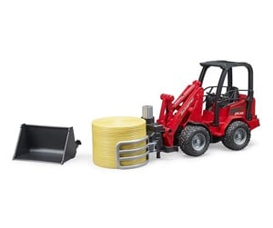 Leketøysbil - Bruder Schäffer Compact loader 2630 with Bale gripper and 1 round bale - 02192