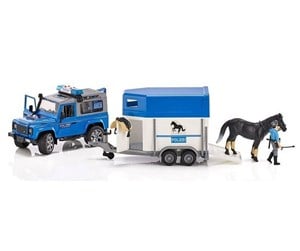 Leketøysbil - Bruder Land Rover Defender Police vehicle with horse trailer horse and policeman - 02588