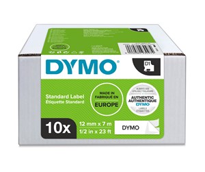 Papir, Fotopapir & Etiketter - DYMO D1 tape, 12mm x 7m rull, sort på hvit, 10 ruller - 2093097