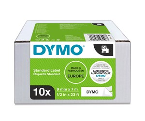 Papir, Fotopapir & Etiketter - DYMO D1 tape, 9mm x 7m rulle, sort på hvit, 10 ruller - 2093096