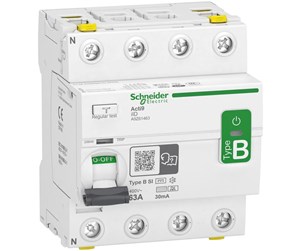 Komponenter for switchboxes og skap - Schneider Electric Acti9 rccb earth leakage protection 4p 63a 30ma b-class-si super immun ac/dc for inst with 3p speed drive and inverter due to dc current - A9Z61463