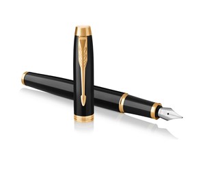 Skrive- & Tegneverktøy - Parker IM Fountain Pen | Black Lacquer with Gold Trim | Fine Nib with Blue Ink Refill | Gift Box - 1931645