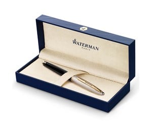 Skrive- & Tegneverktøy - Waterman Carène Deluxe Fountain Pen | Gloss Black & Silver Plated with 23k Gold Clip | Fine Nib with Blue Ink Cartridge | Gift Box - S0699920