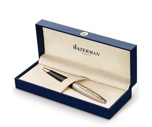 Skrive- & Tegneverktøy - Waterman Carène Deluxe Ballpoint Pen | Gloss Black & Silver Plated with 23k Gold Clip | Medium Point with Blue Ink Cartridge | Gift Box - S0700000