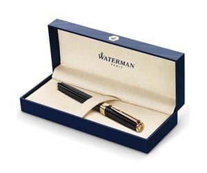 Skrive- & Tegneverktøy - Waterman Exception Fountain Pen | Slim Black with 23k Gold Clip | Fine Nib with Blue Ink Cartridge | Gift Box - S0636930