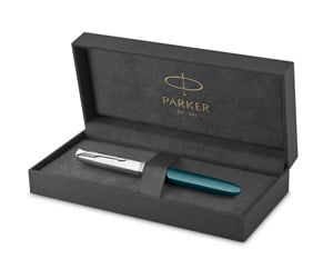 Skrive- & Tegneverktøy - Parker 51 Fountain Pen | Teal Blue Barrel with Chrome Trim | Fine Nib with Black Ink Cartridge | Gift Box - 2123506