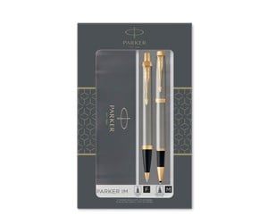 Skrive- & Tegneverktøy - Parker IM Duo Gift Set with Ballpoint Pen & Rollerball Pen | Brushed Metal with Gold Trim | Black Ink Refill & Cartridge | Gift Box - 2093217