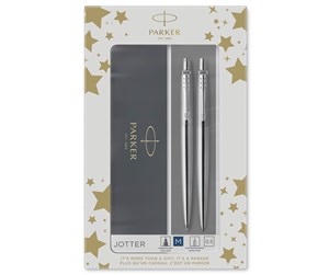 Skrive- & Tegneverktøy - Parker Jotter Duo Gift Set with Ballpoint Pen & Mechanical Pencil (0.5mm) | Stainless Steel with Chrome Trim | Blue Ink Refill - 2093256