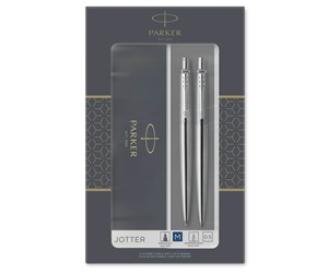 Skrive- & Tegneverktøy - Parker Jotter Duo Gift Set with Ballpoint Pen & Mechanical Pencil (0.5mm) | Stainless Steel with Chrome Trim | Blue Ink Refill - 2093256