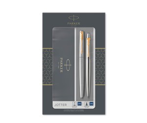 Skrive- & Tegneverktøy - Parker Jotter Duo Gift Set with Ballpoint Pen & Fountain Pen | Stainless Steel with Gold Trim | Blue Ink Refill & Cartridges | Gift Box - 2093257