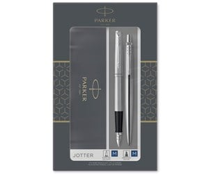 Skrive- & Tegneverktøy - Parker Jotter Duo Gift Set with Ballpoint Pen & Fountain Pen | Stainless Steel with Chrome Trim | Blue Ink Refill & Cartridges | Gift Box - 2093258