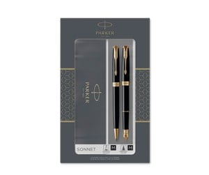 Skrive- & Tegneverktøy - Parker Sonnet Duo Gift Set with Ballpoint Pen & Fountain Pen (18K Gold Nib) | Gloss Black with Gold Trim | Black Refill & Cartridges - 2093371