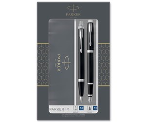 Skrive- & Tegneverktøy - Parker IM Duo Gift Set with Ballpoint Pen & Fountain Pen | Gloss Black with Chrome Trim | Blue Ink Refill & Cartridge | Gift Box - 2093215