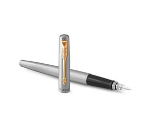 Skrive- & Tegneverktøy - Parker Jotter Fountain Pen | Stainless Steel with Gold Trim | Medium Nib Blue Ink | Includes Gift Box - 2030948