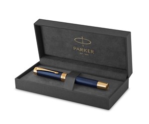 Skrive- & Tegneverktøy - Parker Duofold Centennial Fountain Pen | Prestige Blue Chevron | Medium Solid Gold Nib | Black Ink and Convertor | Premium Gift Box - 1931370